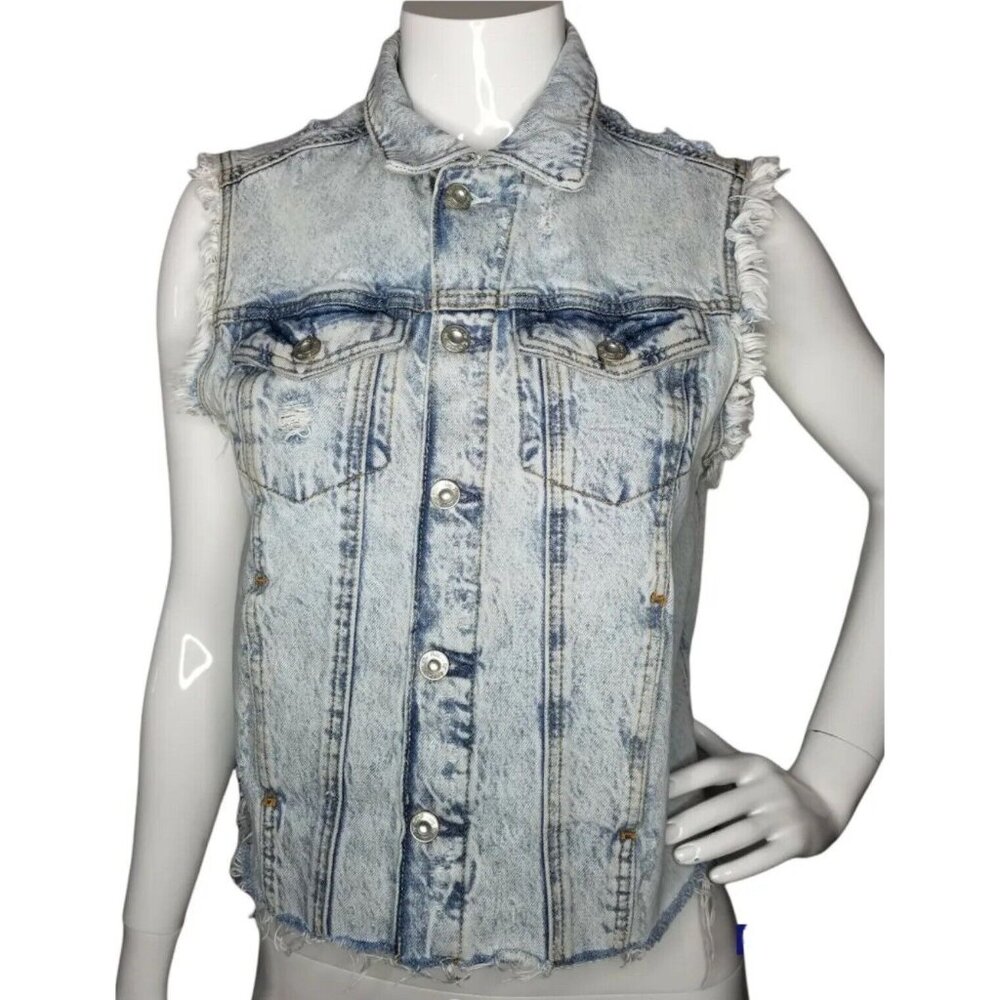 Free People Distressed Denim Vest "Zoe" Button Front Frayed Hem